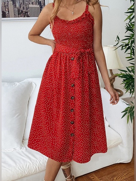 Coeur De Vague Dresses & Skirts - Red Polka Dot Midi Sundress with Button Front